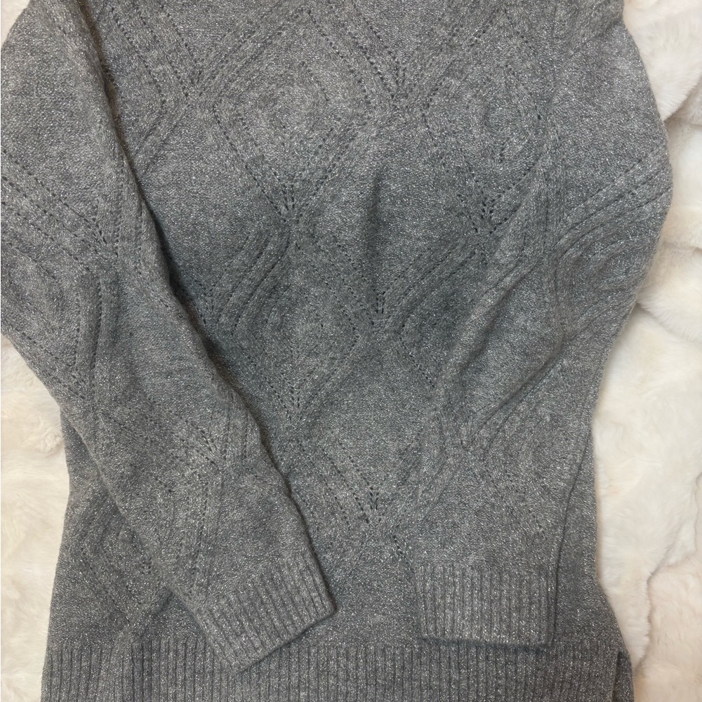 Talbots knit sweater. Grey/ silver sparkle. Beautiful detail. Soft. Sz LRG